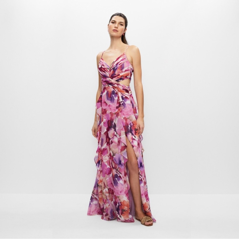 Xscape Pink Purple Floral Twist Cutout Maxi Dress